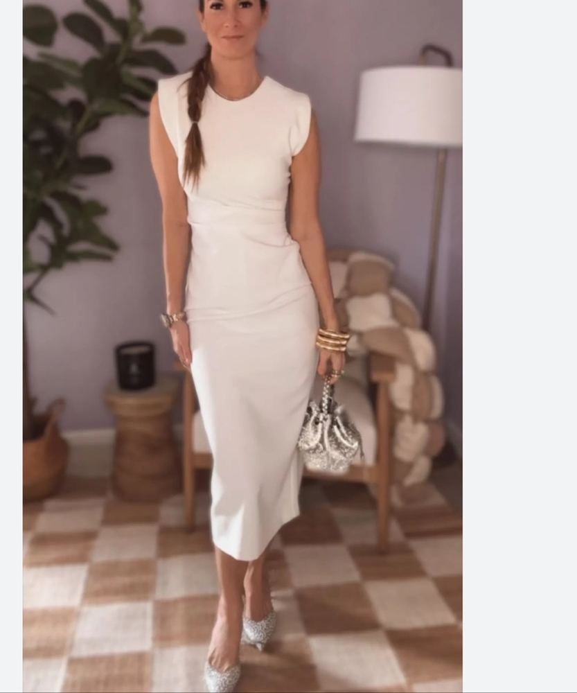 NWT Zara Crepe Shoulder Pad Midi Dress, Size L - Picture 3 of 11